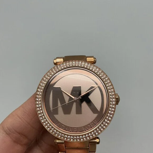 Michael Kors Parker Womens Watch 39mm Rose Gold Tone Crystals New Battery 7" - Picture 7 of 14